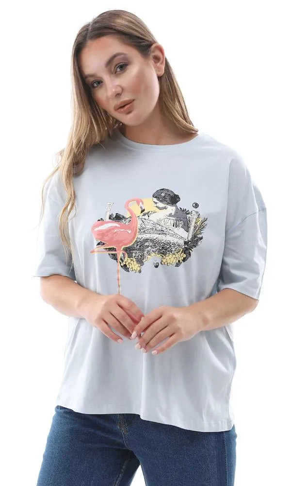 94864 Powder Blue Printed Flamingo Slip On Tee