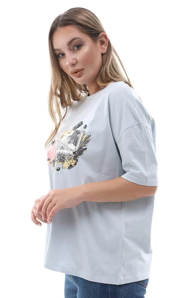 94864 Powder Blue Printed Flamingo Slip On Tee