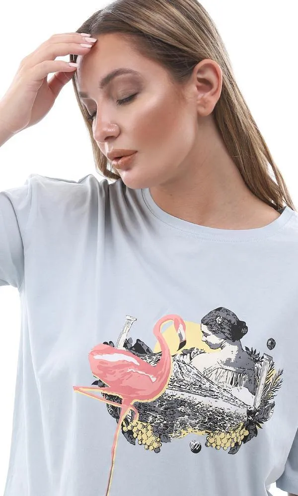 94864 Powder Blue Printed Flamingo Slip On Tee