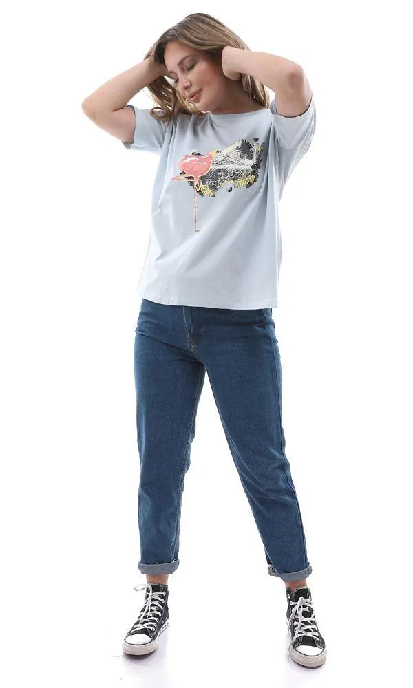 94864 Powder Blue Printed Flamingo Slip On Tee