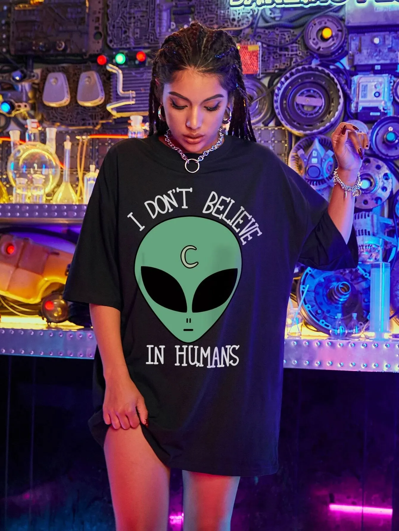 Alien & Slogan Graphic Oversized Tee SS24