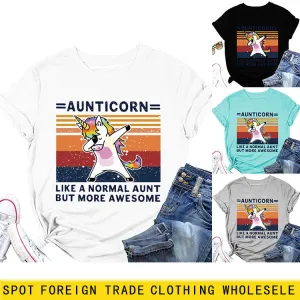 AUNTICORN Unicorn Printed Short Sleeve Top Loose Casual Large Women's T-shirt Bottom