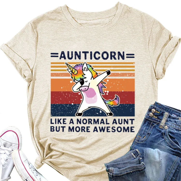 AUNTICORN Unicorn Printed Short Sleeve Top Loose Casual Large Women's T-shirt Bottom