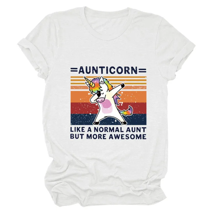 AUNTICORN Unicorn Printed Short Sleeve Top Loose Casual Large Women's T-shirt Bottom