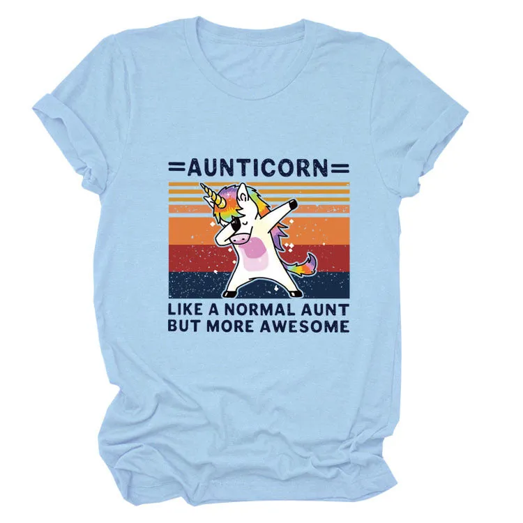 AUNTICORN Unicorn Printed Short Sleeve Top Loose Casual Large Women's T-shirt Bottom