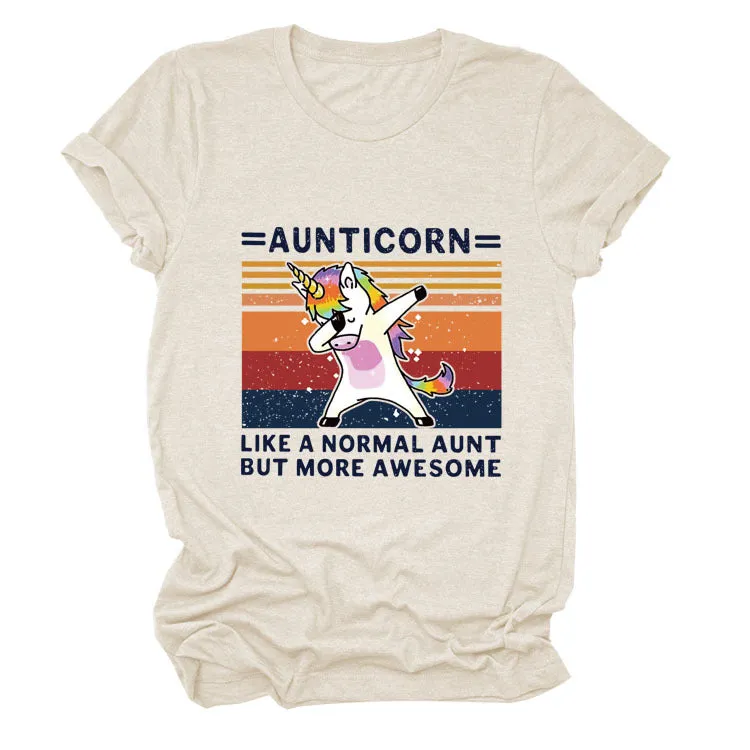 AUNTICORN Unicorn Printed Short Sleeve Top Loose Casual Large Women's T-shirt Bottom