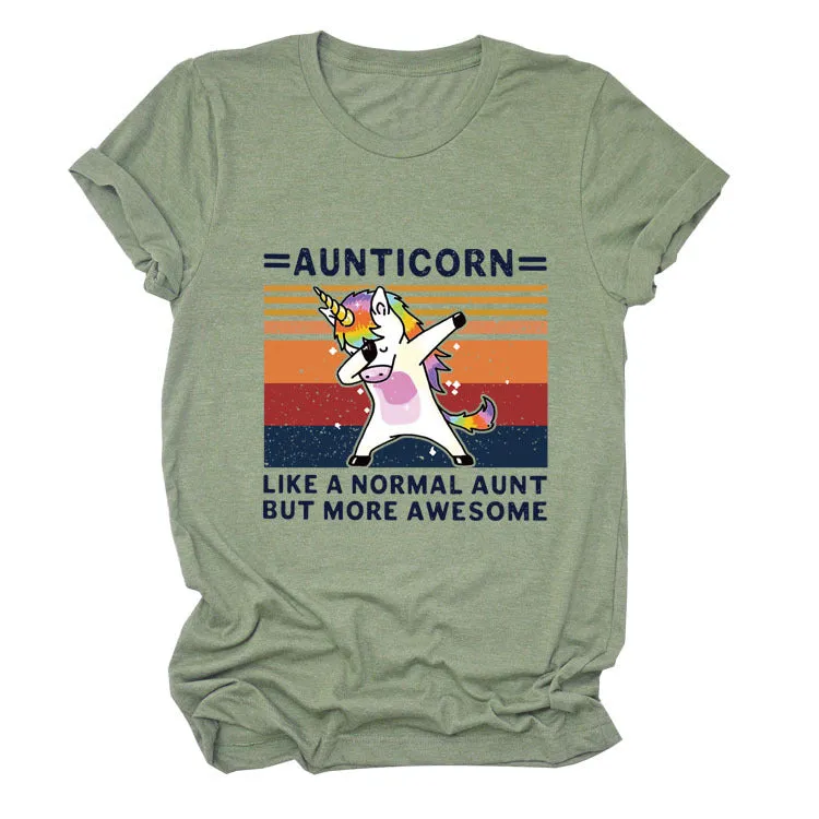 AUNTICORN Unicorn Printed Short Sleeve Top Loose Casual Large Women's T-shirt Bottom