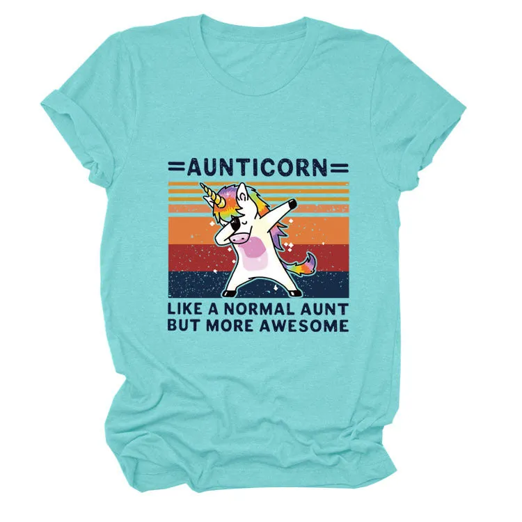 AUNTICORN Unicorn Printed Short Sleeve Top Loose Casual Large Women's T-shirt Bottom