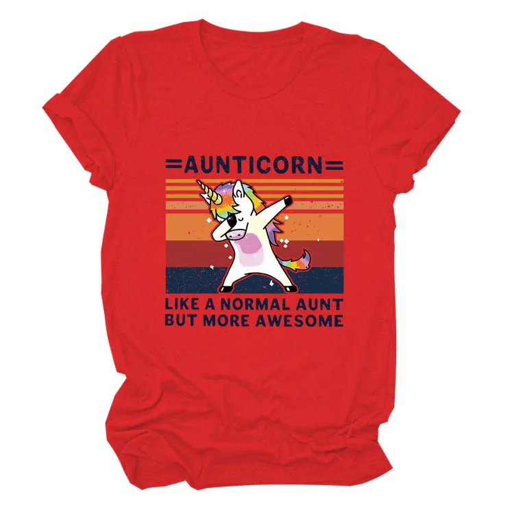 AUNTICORN Unicorn Printed Short Sleeve Top Loose Casual Large Women's T-shirt Bottom