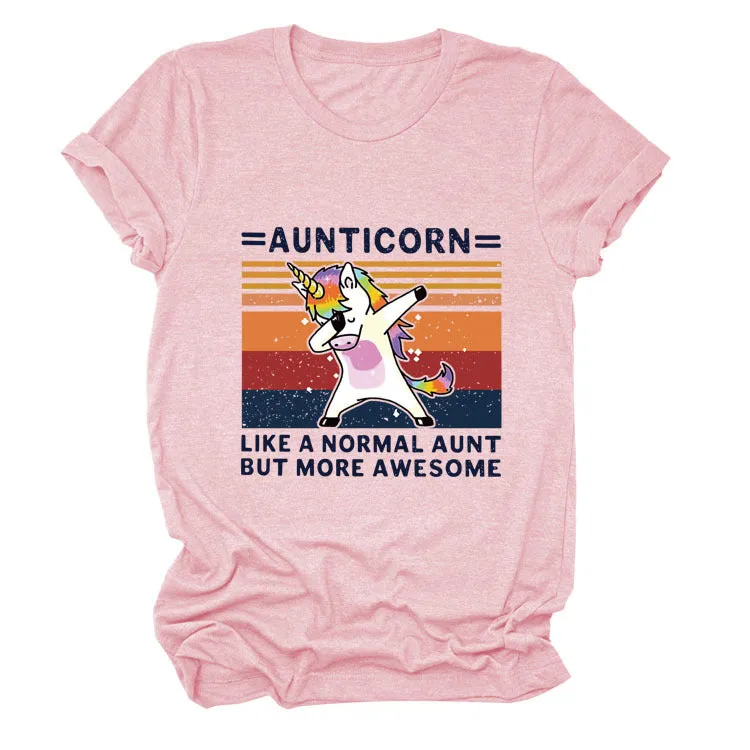 AUNTICORN Unicorn Printed Short Sleeve Top Loose Casual Large Women's T-shirt Bottom