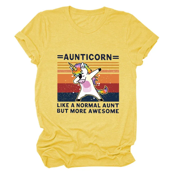 AUNTICORN Unicorn Printed Short Sleeve Top Loose Casual Large Women's T-shirt Bottom