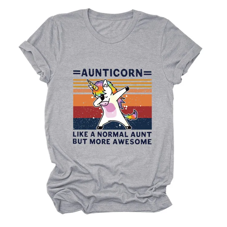 AUNTICORN Unicorn Printed Short Sleeve Top Loose Casual Large Women's T-shirt Bottom