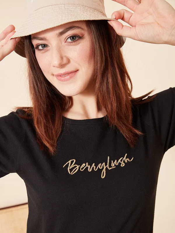 Berrylush Women Solid Black Round Neck Short Sleeves Logo Embroidered Regular T-Shirt