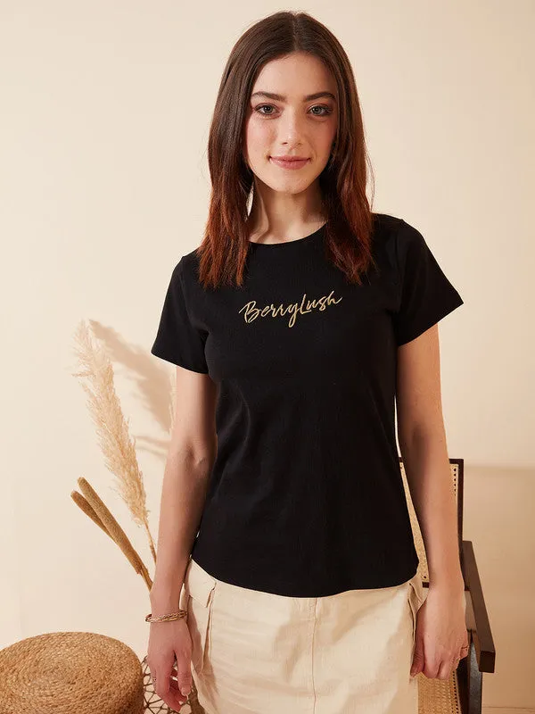 Berrylush Women Solid Black Round Neck Short Sleeves Logo Embroidered Regular T-Shirt