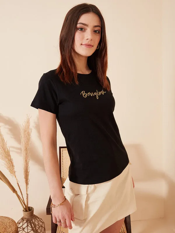 Berrylush Women Solid Black Round Neck Short Sleeves Logo Embroidered Regular T-Shirt