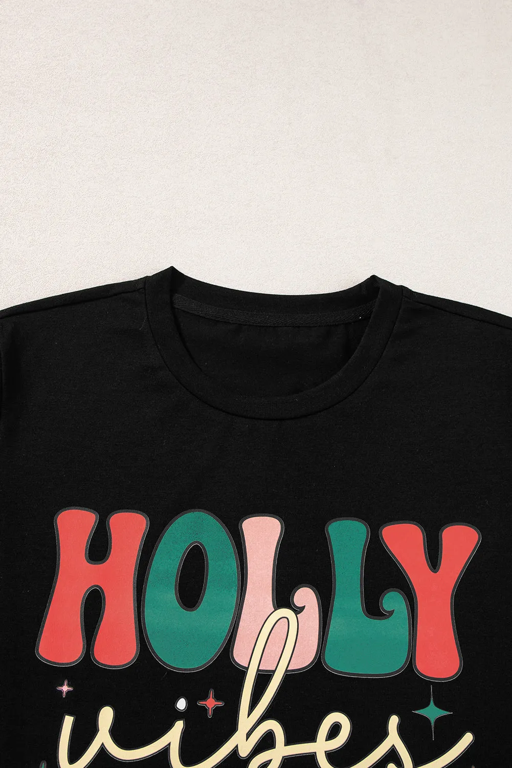 Black HOLLY JOLLY Vibes Christmas Crew Neck T Shirt