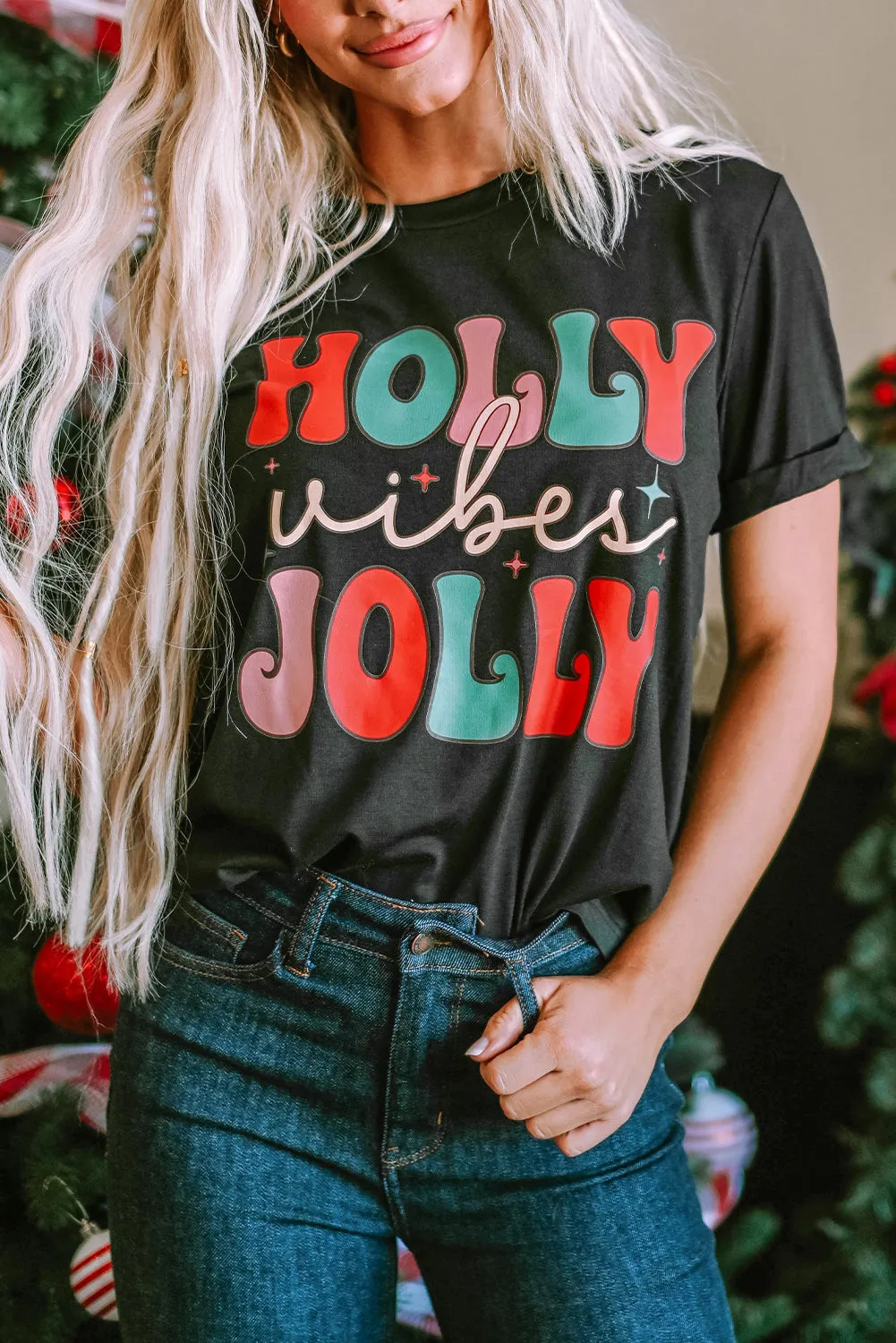 Black HOLLY JOLLY Vibes Christmas Crew Neck T Shirt