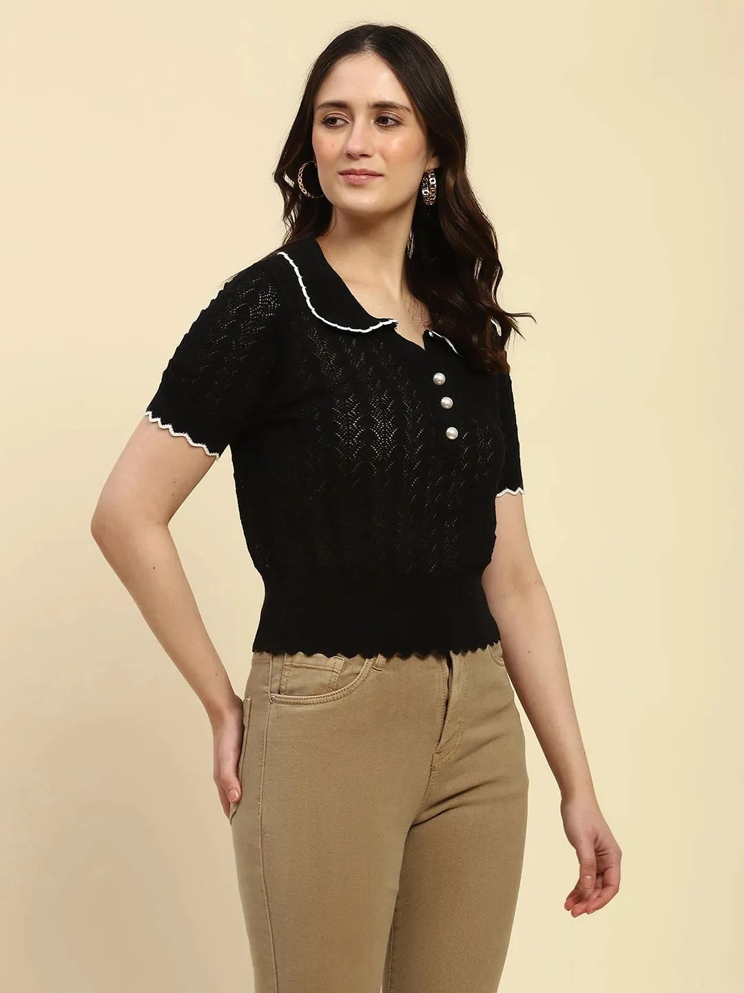 Black Textured Pattern Coton Blend Relaxed Fit Top