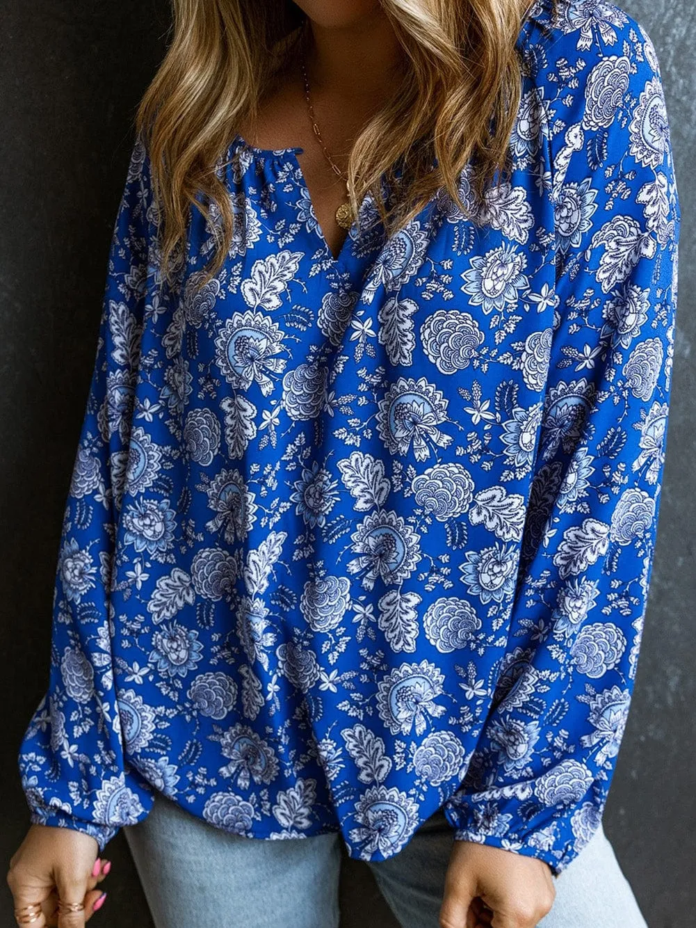 Blue Floral Notched V-Neck Long Sleeve Shift Blouse