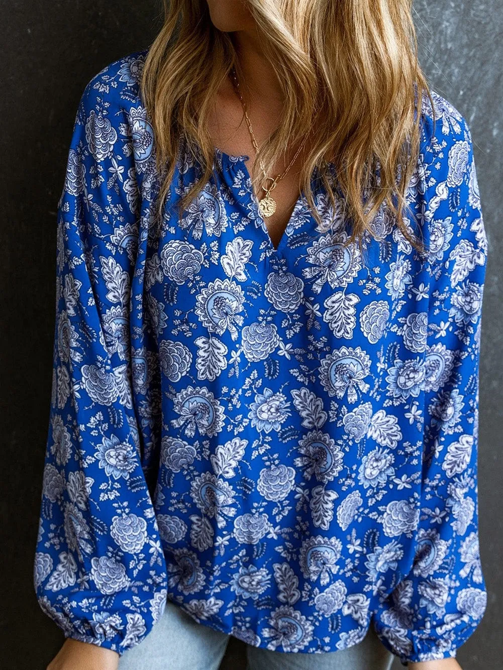 Blue Floral Notched V-Neck Long Sleeve Shift Blouse