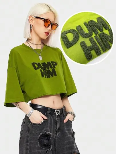 Casual Loose Fit Drop Shoulder Crop Crop Top With Letter Embroidery SS24- FD