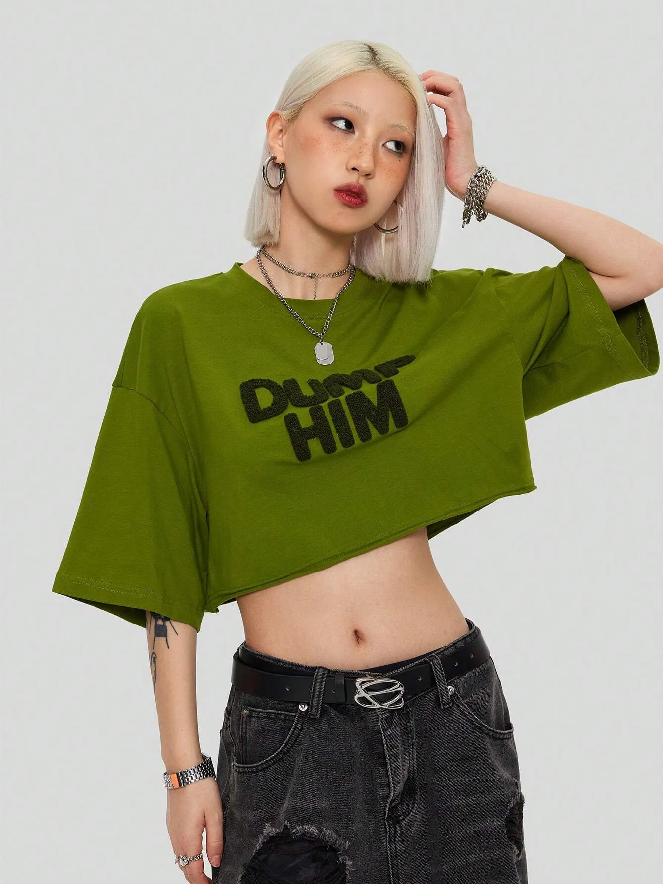 Casual Loose Fit Drop Shoulder Crop Crop Top With Letter Embroidery SS24- FD