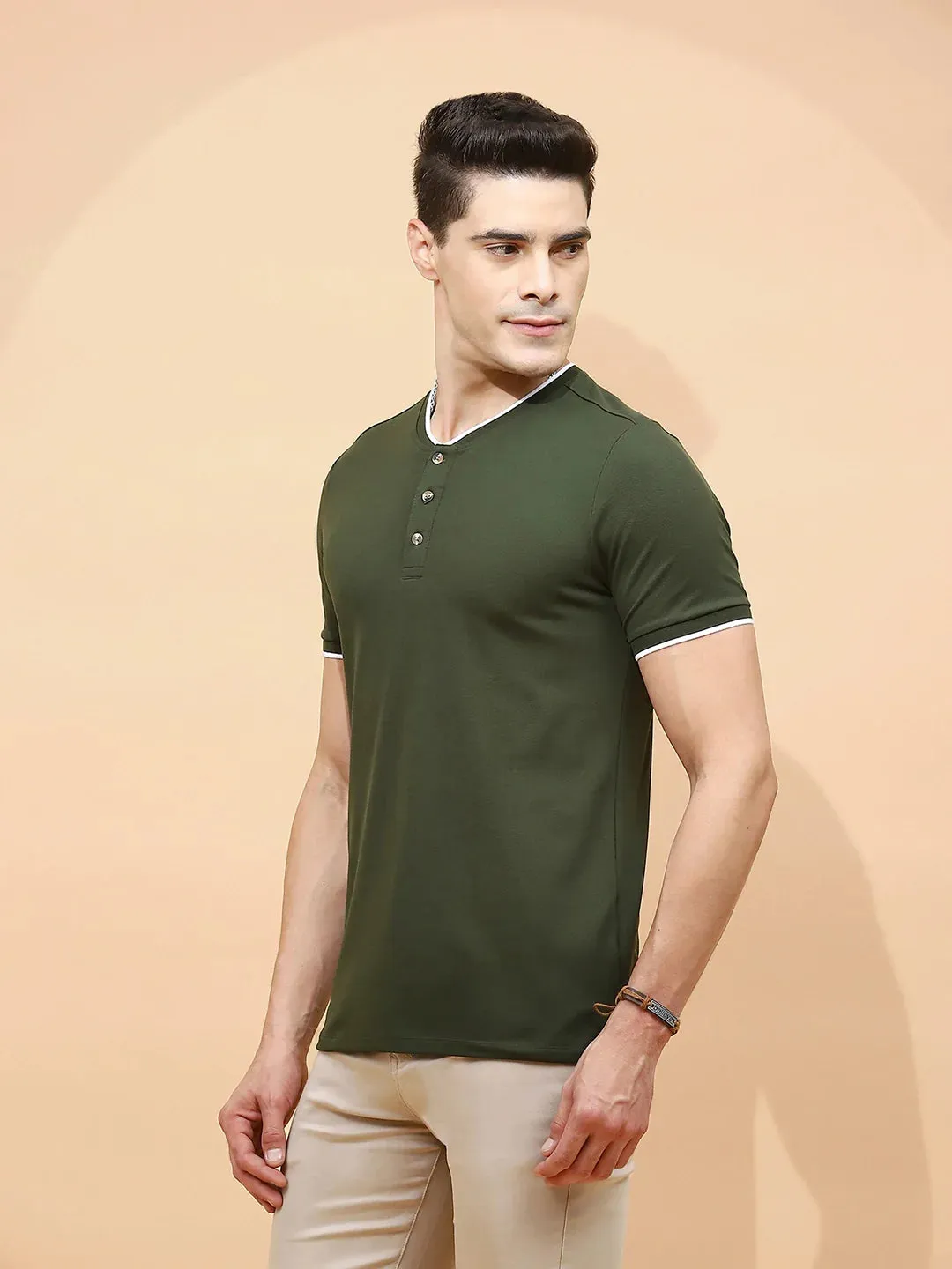 Dark Olive Cotton Blend Regular Fit T-Shirt For Men