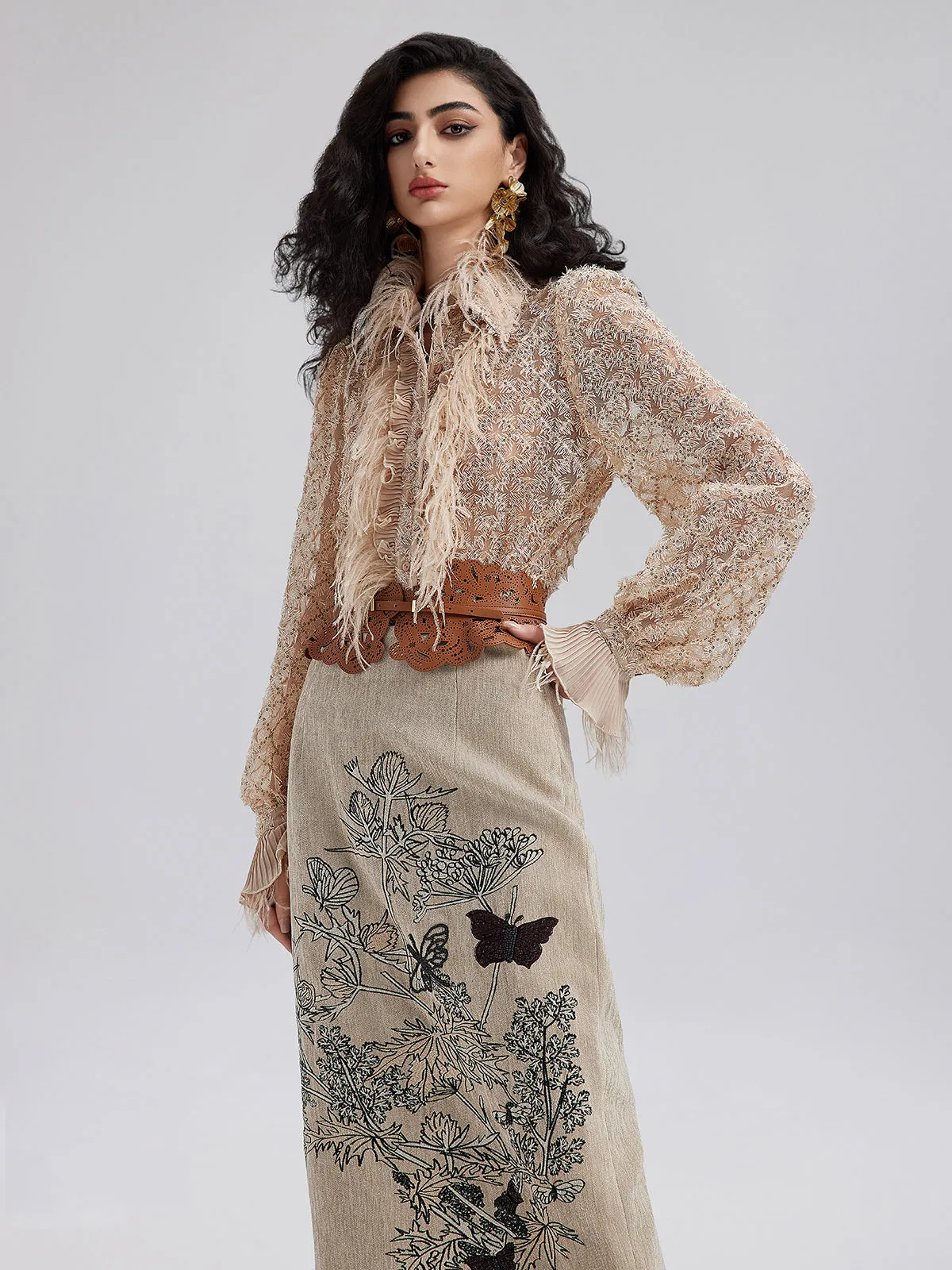 Feather Trim Lace Detail Shirt