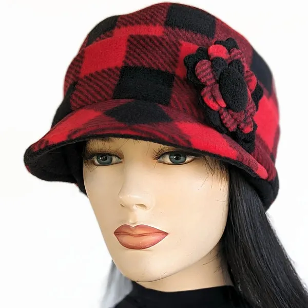 Fleece Fashion Cap with floral pin in popular plaid check, with fleece cuff and pin