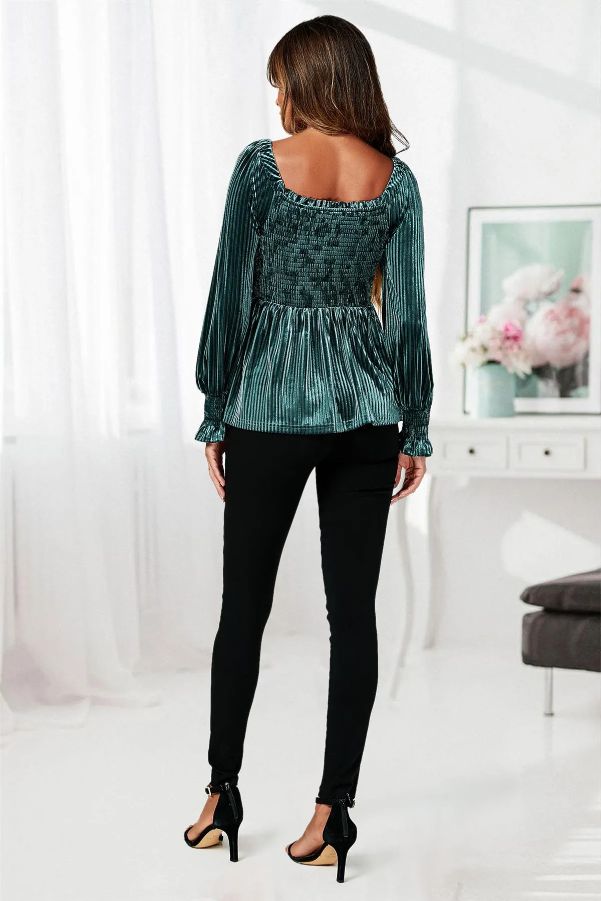 FS Collection Bardot Velvet Top In Green