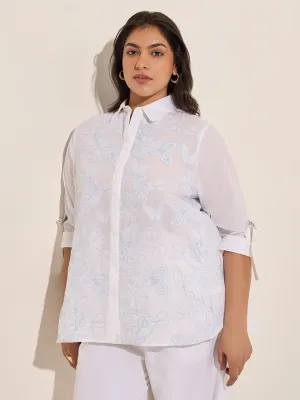 Gia White Floral Embroidered High-Low Cotton Shirt