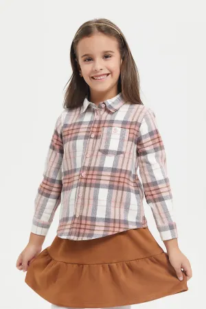 Girls Peach Check Collar Shirt