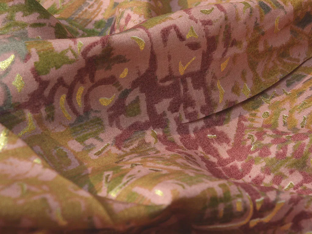 Golden & Pink Abstract Printed Premium Modal Chanderi Silk Fabric