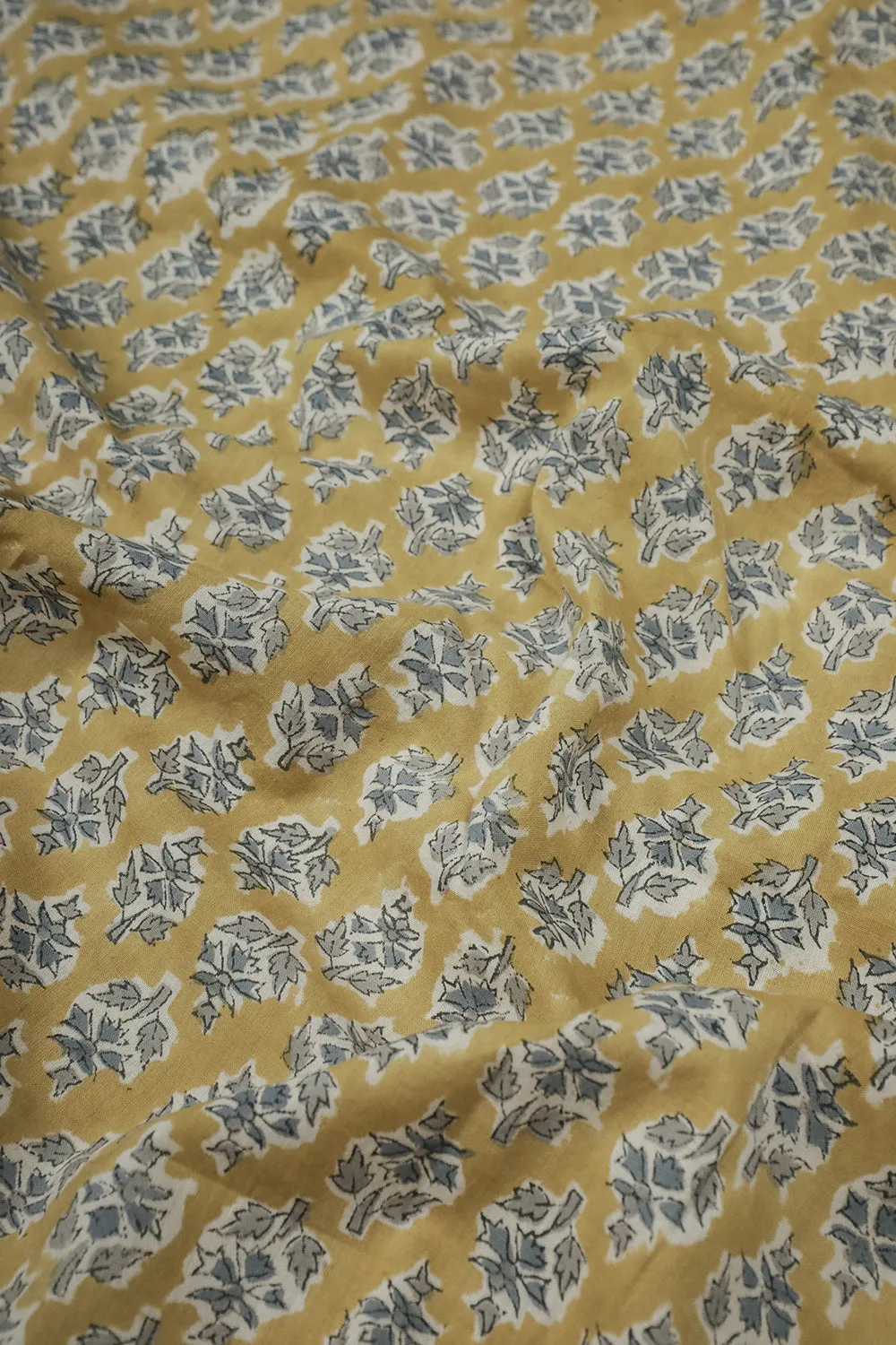 Grey Florets on Yellow Sanganeri Cotton Fabric - 0.7m