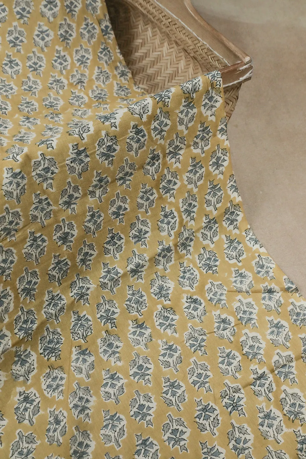 Grey Florets on Yellow Sanganeri Cotton Fabric - 0.7m