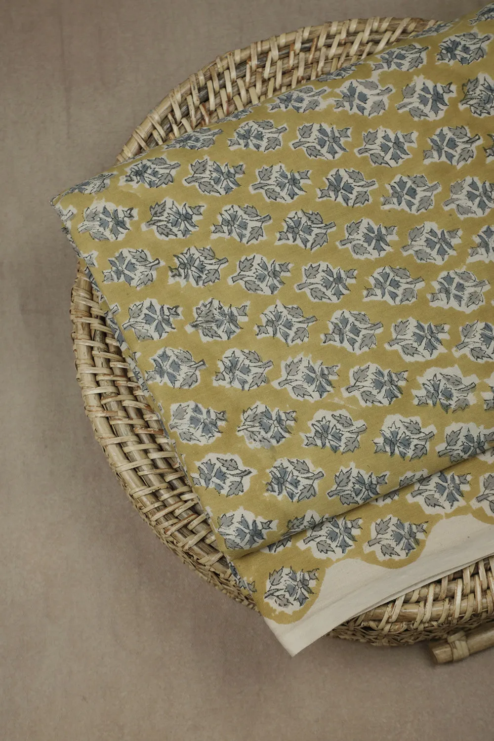 Grey Florets on Yellow Sanganeri Cotton Fabric - 0.7m