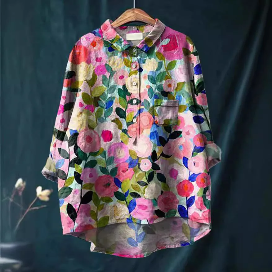 Ivyshape | Cotton Linen Floral Blouse