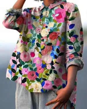 Ivyshape | Cotton Linen Floral Blouse