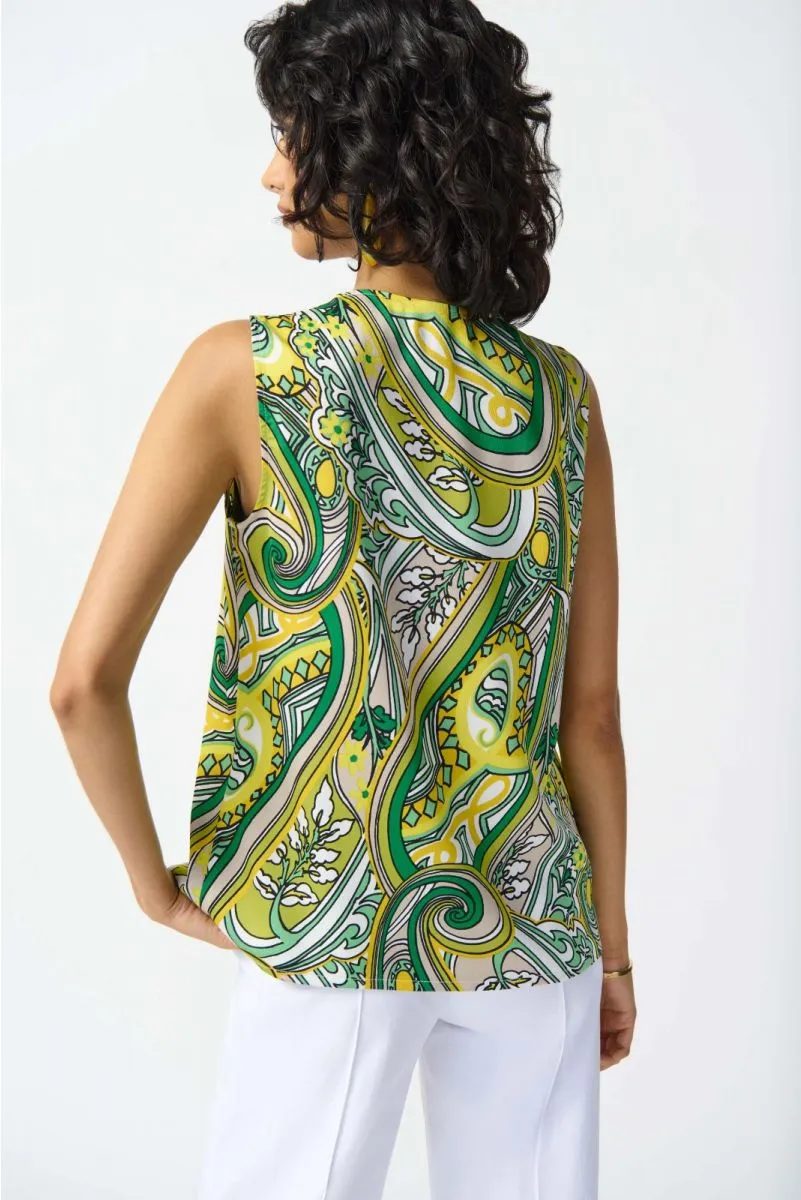 Joseph Ribkoff Vanilla/Multi Paisley Print Pleated V-Neck Sleeveless Top 242002