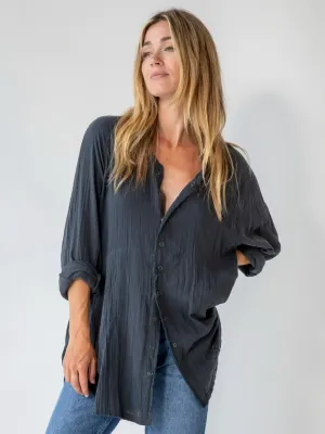 Laid Back Cotton Button Down Top - Charcoal