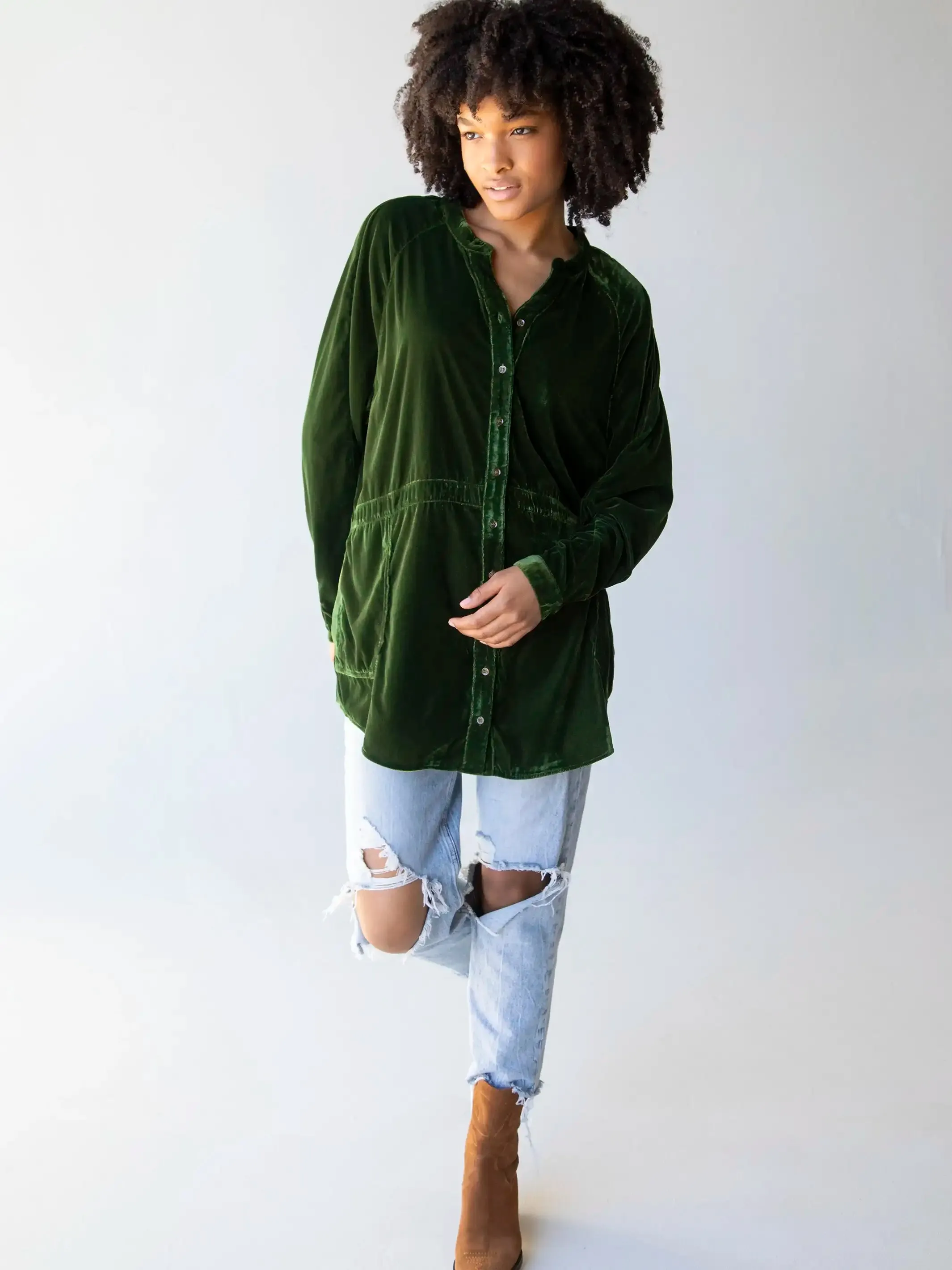 Laid Back Velvet Button Down - Military Green