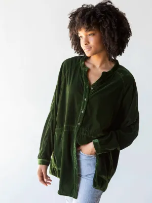 Laid Back Velvet Button Down - Military Green