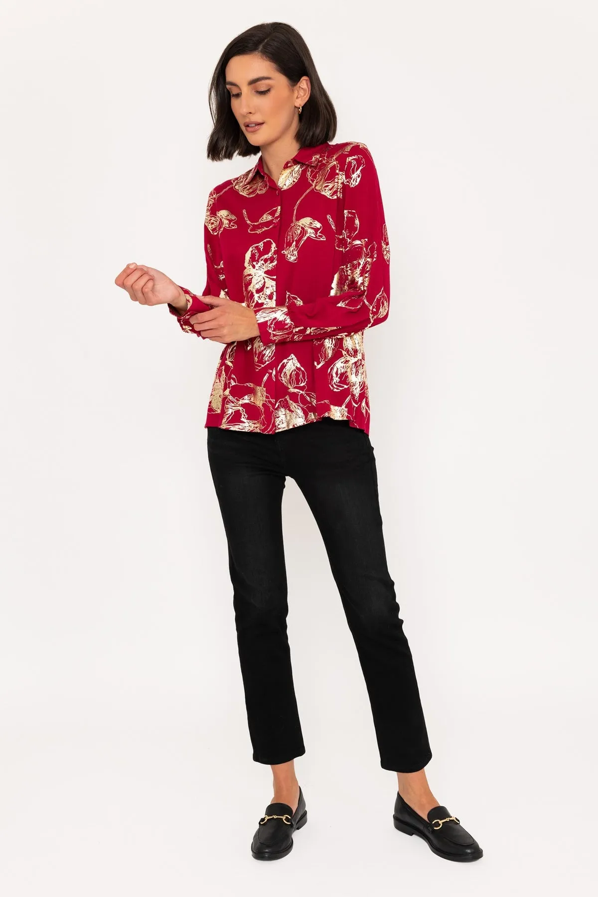 Long Sleeve Gold Foil Print Blouse in Burgundy