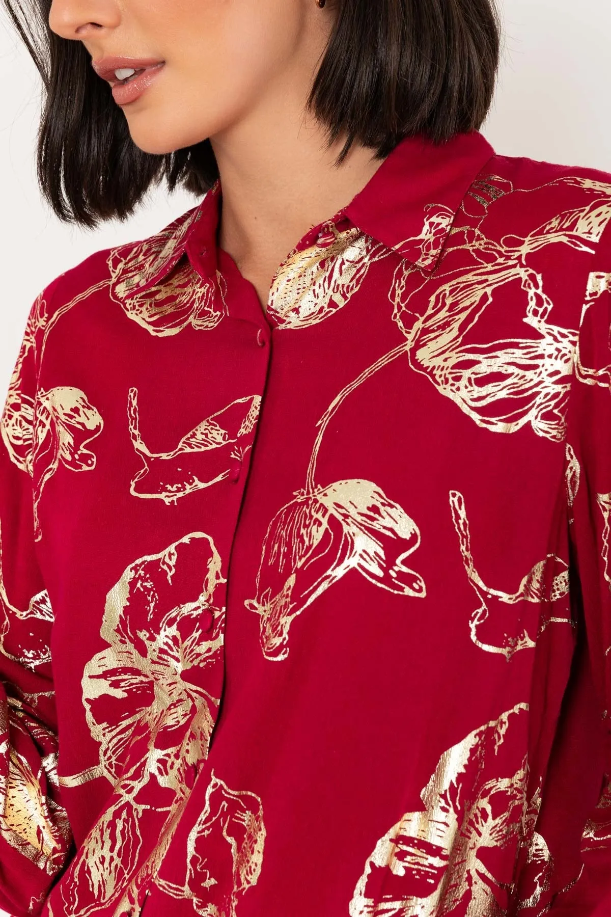 Long Sleeve Gold Foil Print Blouse in Burgundy