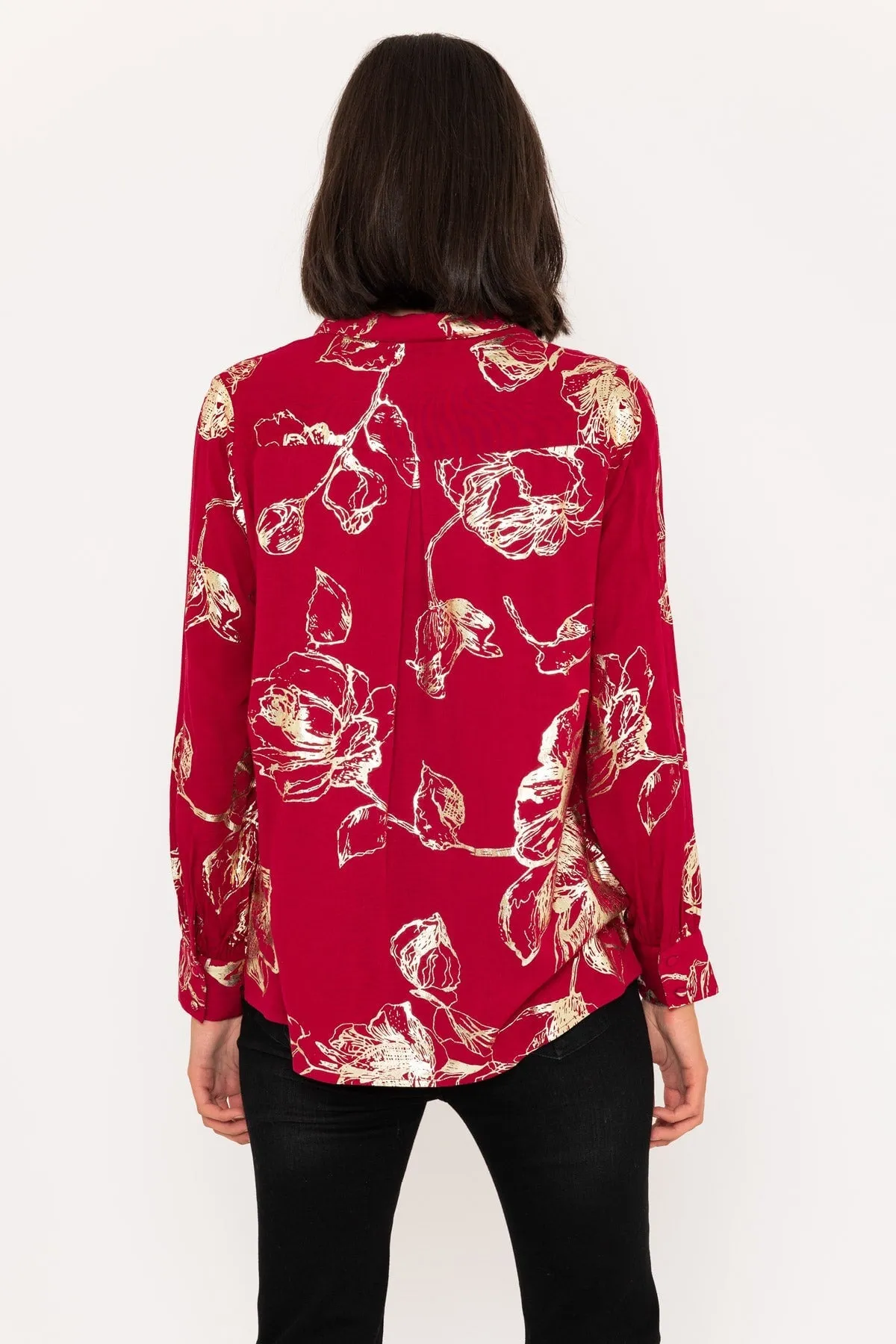 Long Sleeve Gold Foil Print Blouse in Burgundy