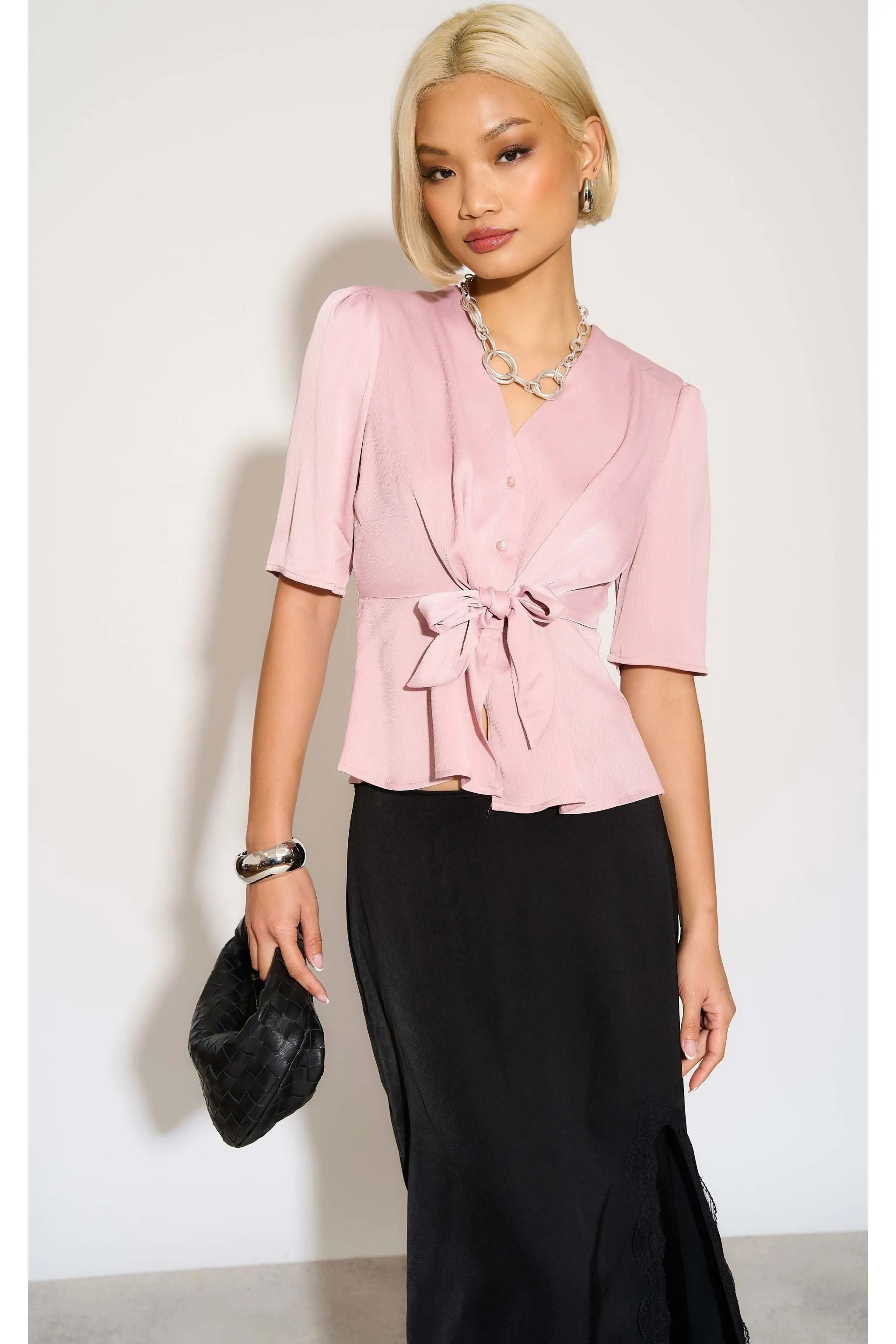 LOVE SUNSHINE Pink Short Sleeve Knotted Crepe Satin Top