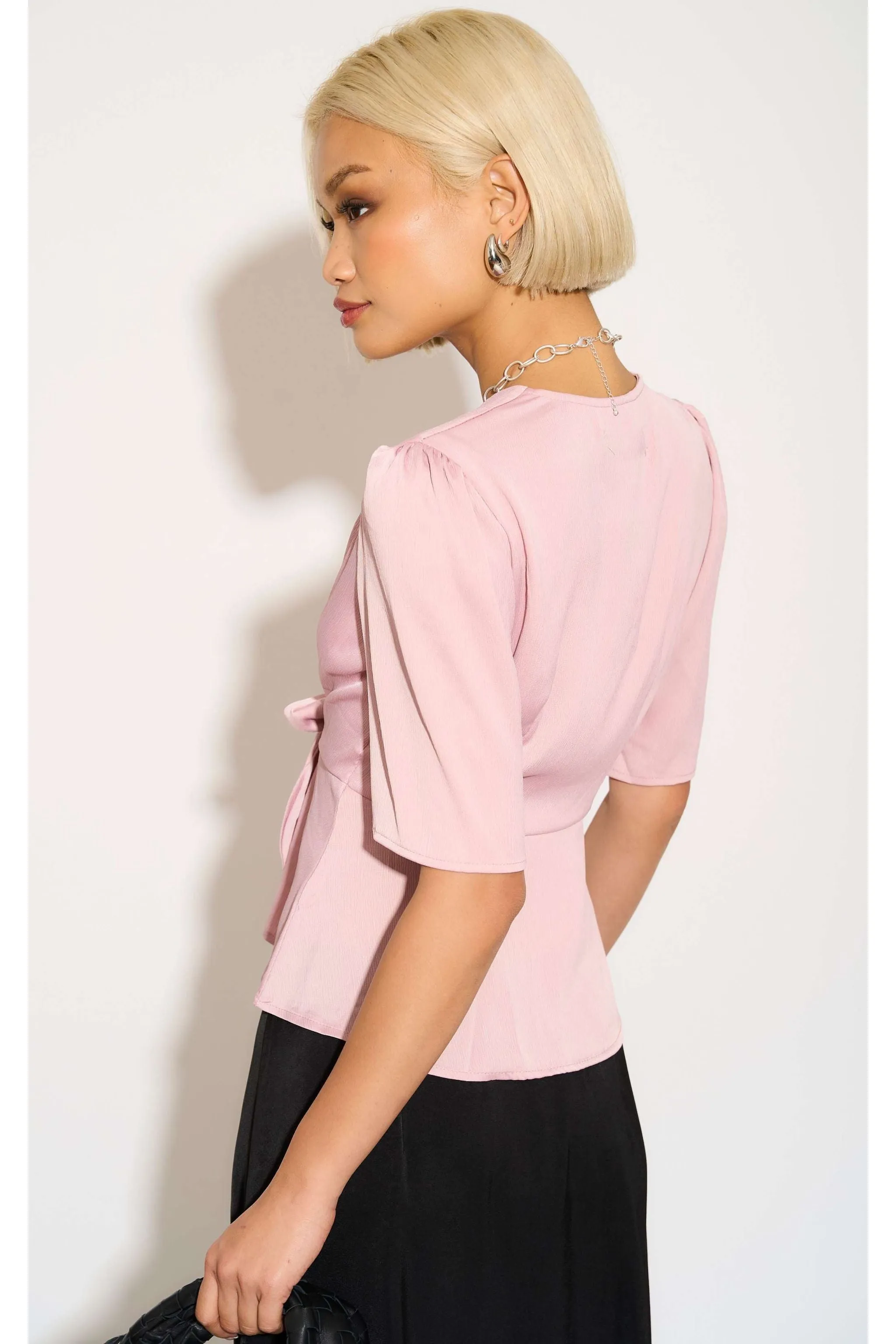 LOVE SUNSHINE Pink Short Sleeve Knotted Crepe Satin Top