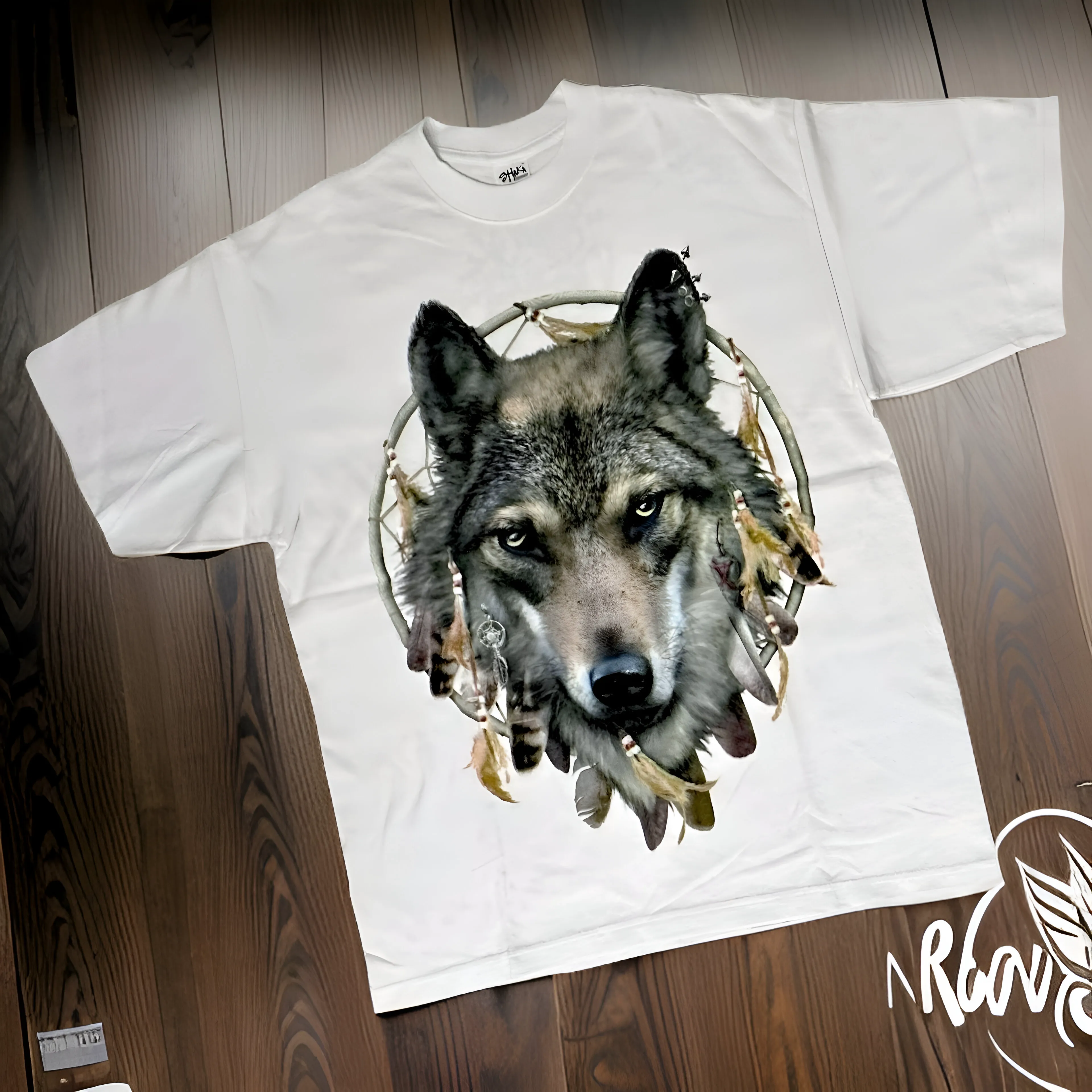 *<SC>* (WHITE) ~WOLF DREAMCATCHER~ HEAVY COTTON JUMBO PRINT TEES