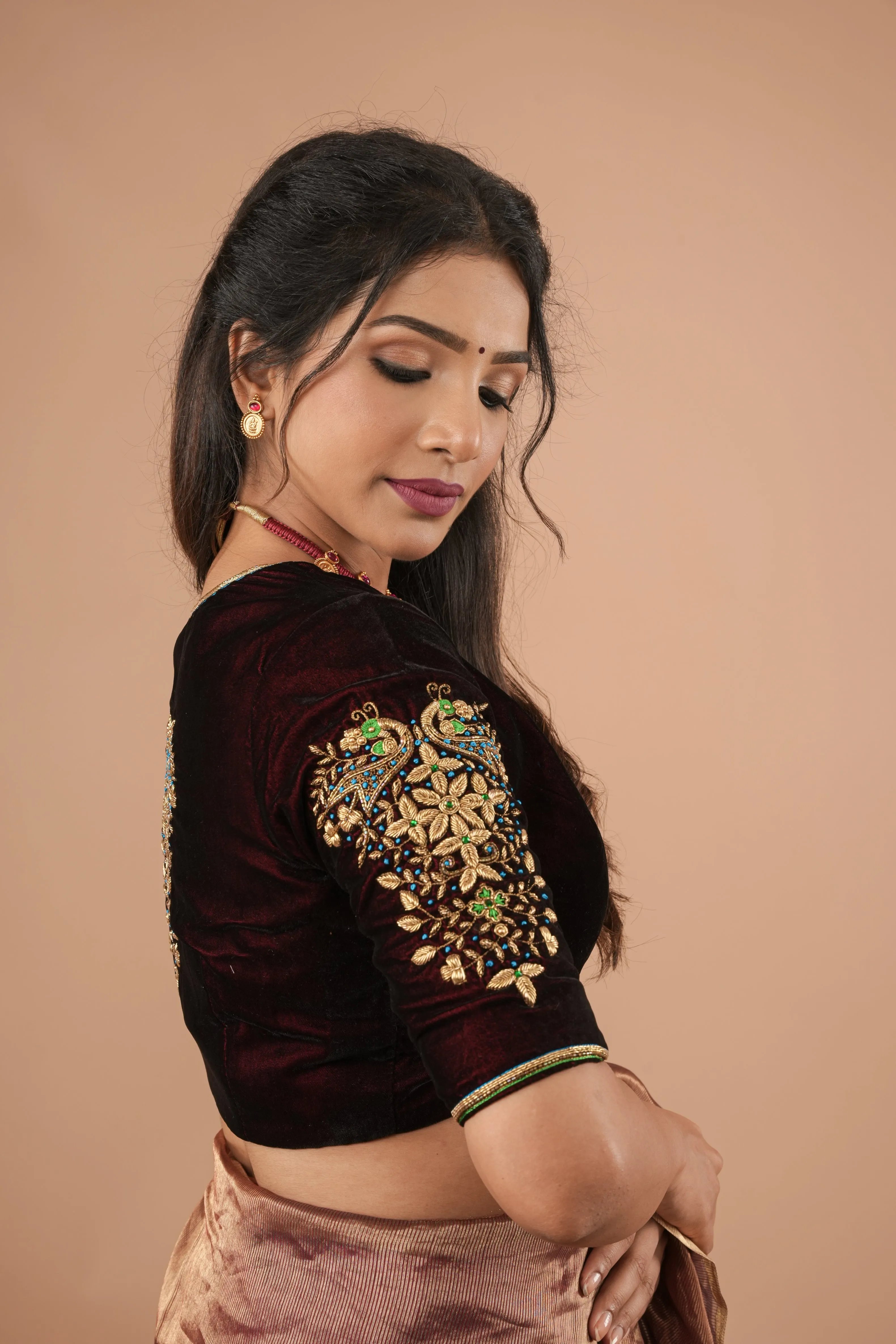 Maroon Velvet Blouse with Zardosi Work,  Mix and Match Blouse for saree, Made to Order