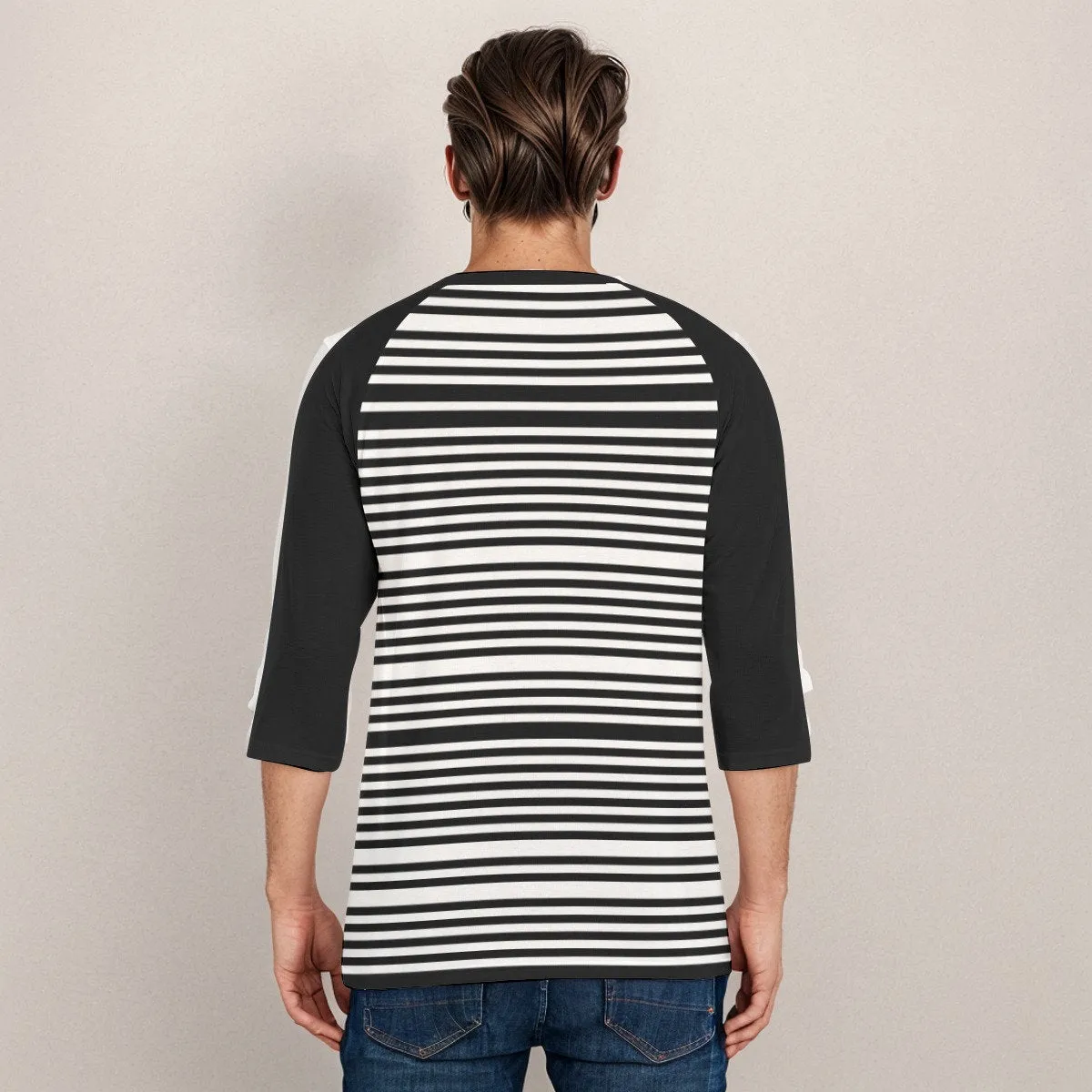 Men's Black and White Stripe Shirt, Black Stripe Top Men, Black Raglan Sleeve Top Men, Stripe Baseball Tee, Casual Stripe Top Men